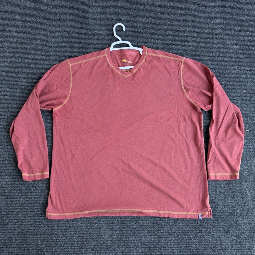 Orvis V-Neck T-Shirt Men XXL Red Excellent Contrast Stitch Long Sleeve Cotton